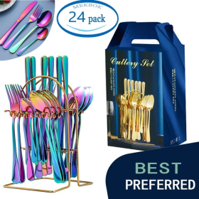 MEKBOK Colorful Silverware Set,24 piece Stainless Steel Flatware Set with Hanging Caddy,Iridescent Cutlery Utensils Set Service for 6,(Muti-colorful,