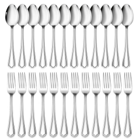 Walchoice 24-Piece Forks and Spoons Set, Stainless Steel Silverware Set For Home, Metal Eating Tableware, Elegant Scalloped Edge & Mirror Polished