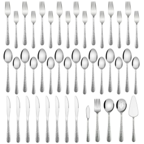 Vesteel 45-Piece Silverware Set with Serving Utensils, Stainless Steel Hammered Flatware Cutlery Set for 8 Include Forks Knives Spoons, Heavy Duty & M