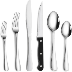 Cibeat 24-Piece Silverware Set with Steak Knives, Stainless Steel Flatware Set, Kitchen Cutlery Set for 4, Include Steak Knife/Fork/Spoon, Dishwasher