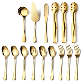 OGORI 15 Pieces Gold Serving Utensils Set Polished Stainless Steel Hostess Cutlery Set for Dinner Party Supply