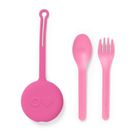 OmieBox OmiePod Kids Utensils Set with Case - 2 Piece Plastic, Reusable Fork and Spoon Silverware with Pod for Kids, Travel, Lunch Boxes - Bubble Pink