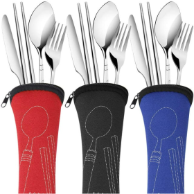 Arroyner 3 Pack Portable Travel Flatware Set, Reusable Silverware Knife Fork Spoon Chopsticks Utensils, Stainless Steel Camping Cutlery for School Out