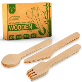 Disposable Wooden Cutlery Set - 300 Pcs Disposable Wooden Cutlery with Forks, Knives, & Spoons, Compostable & Biodegradable Utensils