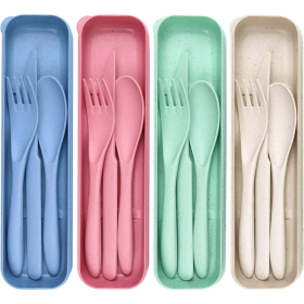 4 Pack Reusable Travel Utensils Set with Case, Wheat Straw Portable Knife Fork Spoons Tableware, Eco-Friendly Cutlery for Kids Adults Travel Picnic Ca