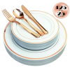 JL Prime 125 Piece Rose Gold Plastic Plates & Cutlery Set, Re-usable Recyclable Plastic Plates with Rose Gold Rim & Silverware, 25 Dinner Plates, 25 S