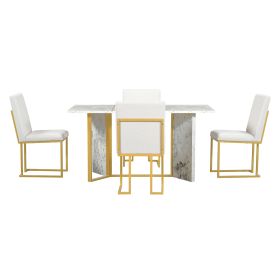 TREXM 7-Piece Modern Dining Table Set, Artificial Marble Sticker Tabletop and 6 Upholstered Linen Chair All with Golden Steel Legs for Dining Room and