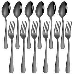 Set of 12, Black Plated Stainless Steel Dinner Forks and Spoons, SourceTon Heavy-duty Forks ( 8 Inch )and Spoons ( 7 Inch) Cutlery Set- Black