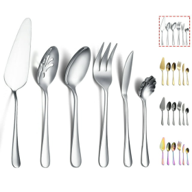 ReaNea Stainless Steel Silver Titanium Plated Flatware Serving Set 6 Pieces Silver Serving Silverware Set