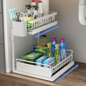 Double Sliding Metal Under Sink Organizer L Shape (Color: White)